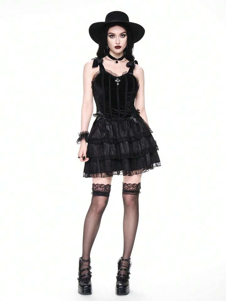 Elegant Vintage Gothic Romantic 3-Tier Lace A-Line Skirt