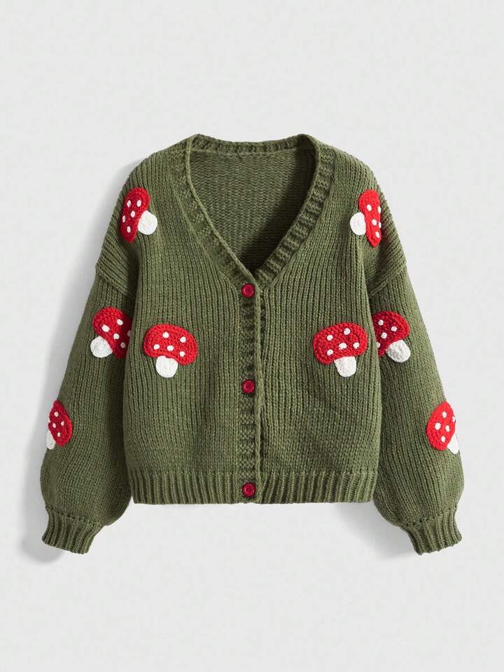 Fairycore Plus Size Vintage Mushroom Embroidery Long Sleeve Knitted Cardigan, Autumn/Winter