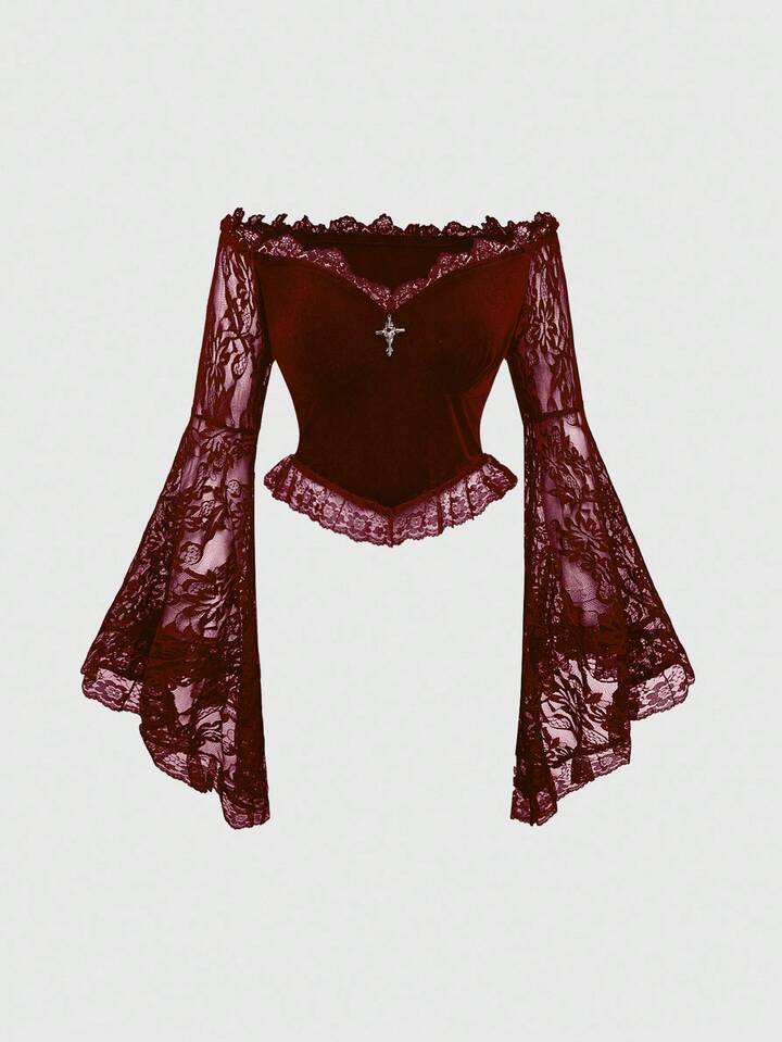 Gothic Style Off Shoulder Lace Flare Sleeve Velvet Fitted Blouse For Women