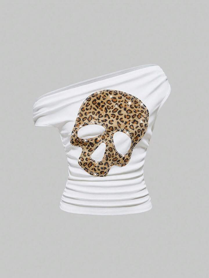Grunge Punk Women's Sexy Asymmetrical Shoulder Leopard Print Skeleton Applique Bodycon T-Shirt