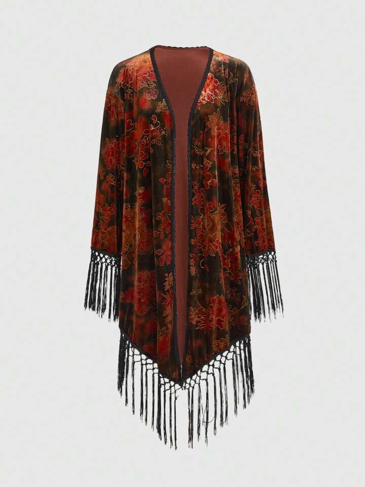 Hippie Women's Loose Vintage Floral Fringe Kimono Cover Up Jacket