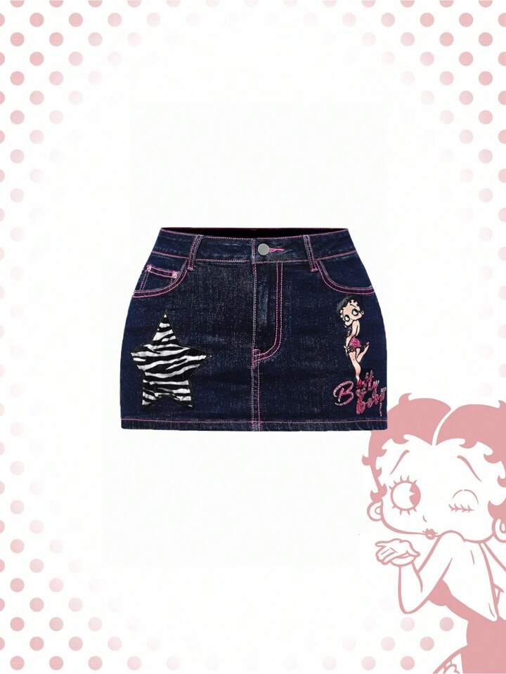 Betty Boop | ROMWE Women Vintage Y2K Baddie Low Waist Figure & Letter Graphic Zebra Print Embroidered Mini Denim Skirt
