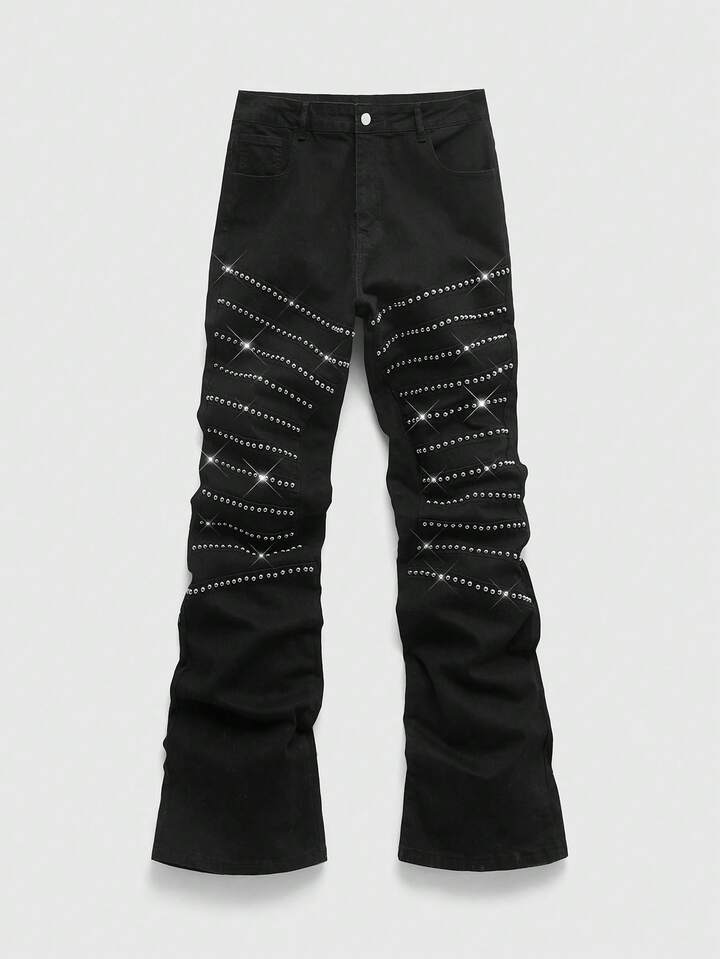Casual Men's Fashion Street Rivet Decor Flared Leg Jeans, Suitable For Daily Commute