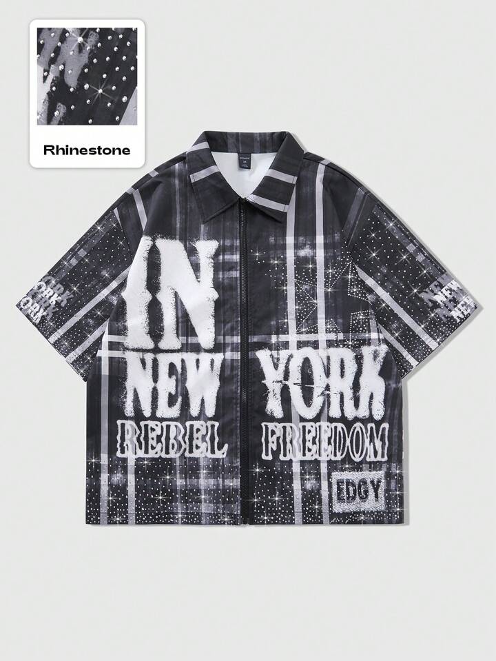 Men's Street Life Plaid & Slogan Print Rhinestone Embellished T-Shirt