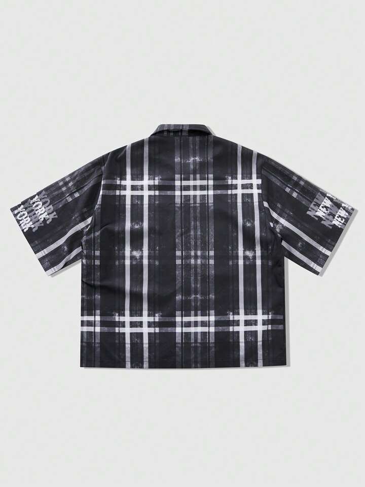 Men's Street Life Plaid & Slogan Print Rhinestone Embellished T-Shirt