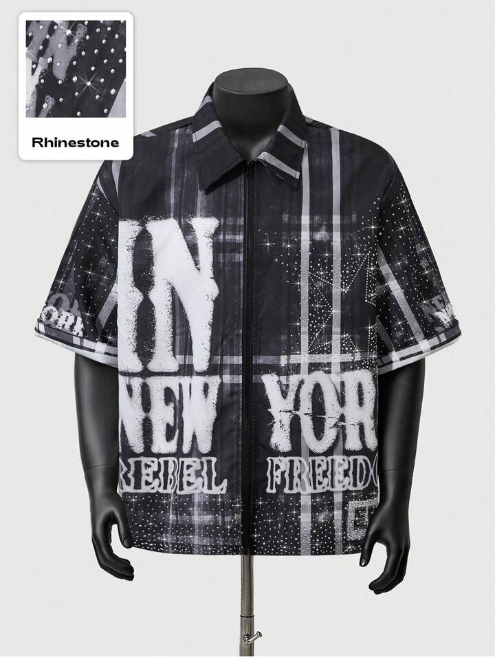 Men's Street Life Plaid & Slogan Print Rhinestone Embellished T-Shirt