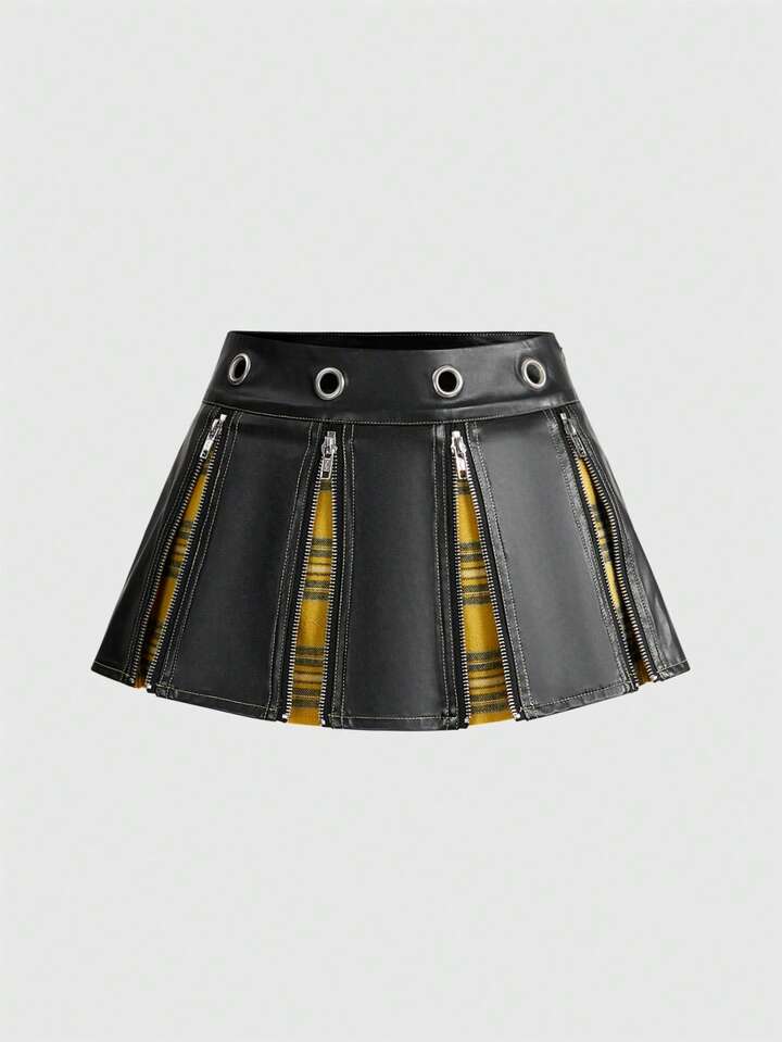 Academia Punk Campus Style PU Plaid Patchwork Metal Zipper Low Waist Women Mini Skirt