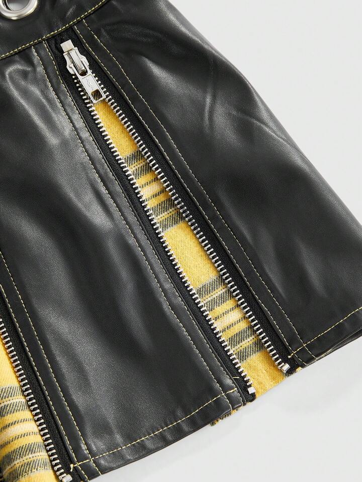 Academia Punk Campus Style PU Plaid Patchwork Metal Zipper Low Waist Women Mini Skirt