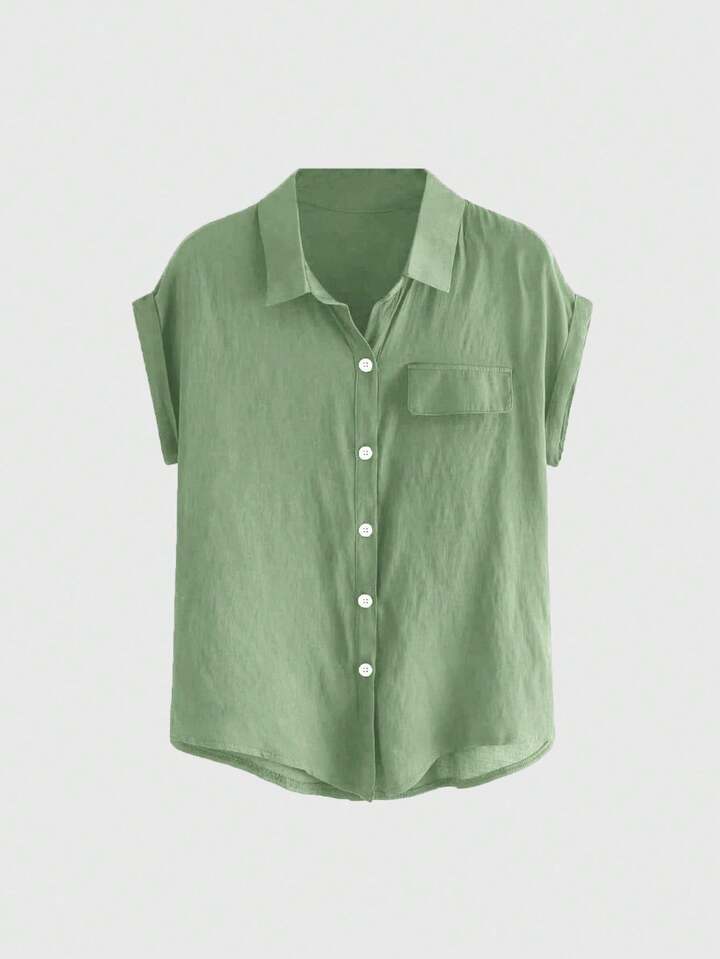 Women's Front Button Green-Grey Short Sleeve Shirt, Summer, School