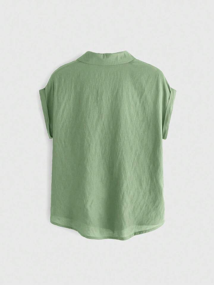 Women's Front Button Green-Grey Short Sleeve Shirt, Summer, School 2 Women's Front Button Green-Grey Short Sleeve Shirt, Summer, School