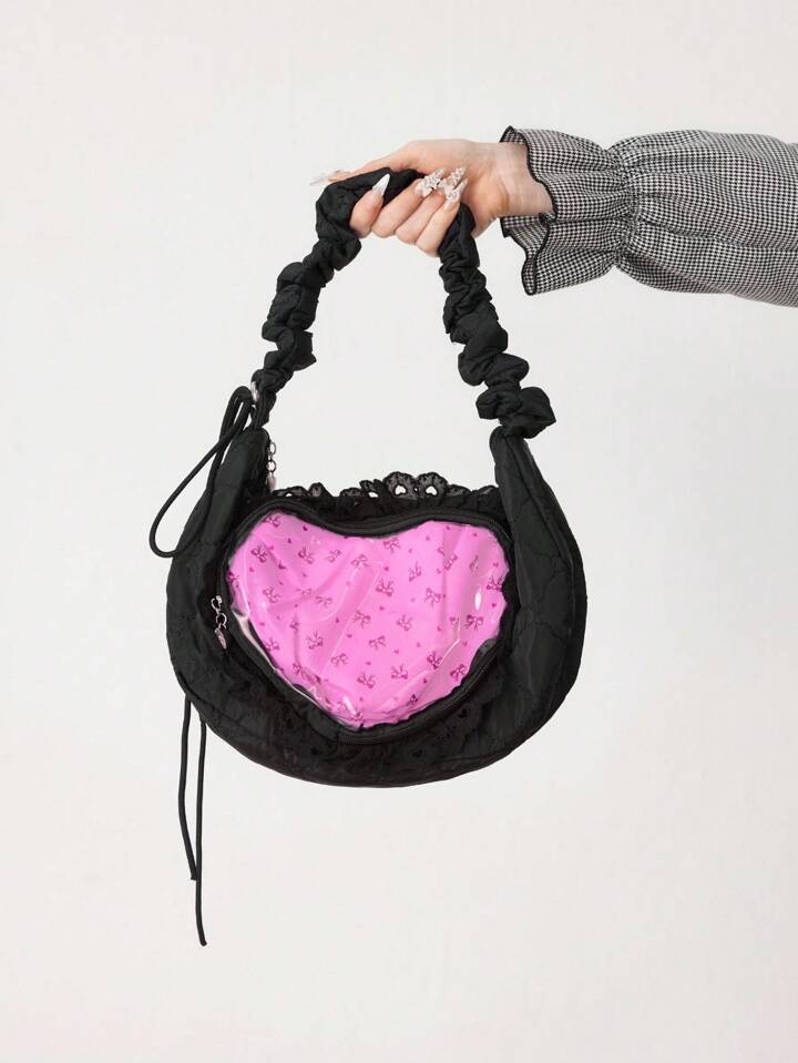 Anime 1pc Black Cute Sweet Bow Heart Lace Patchwork Transparent Shoulder Bag For Women, Display Dollhouse Badge Display Purse, Suitable For Shopping, Commuting