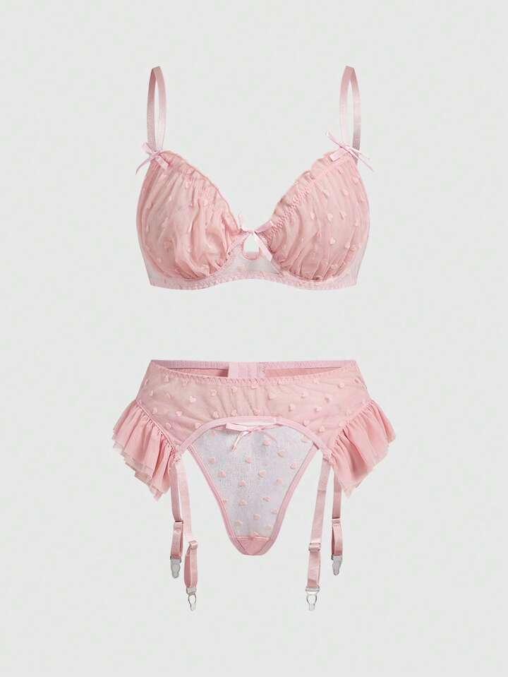Kawaii 3pcs Cute & Sexy Flocked Heart Jacquard Underwire Bra, Thong Panty, And Garter Belt Lingerie Set