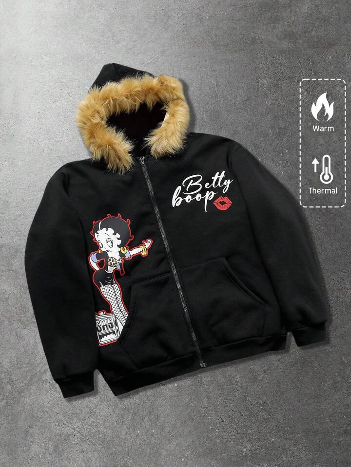 Betty Boop | ROMWE Men's Street American Design Furry Collar Cartoon Cute Girl English Text Graphic Print Contrast Fuzzy Trim Hooded Sweatshirt