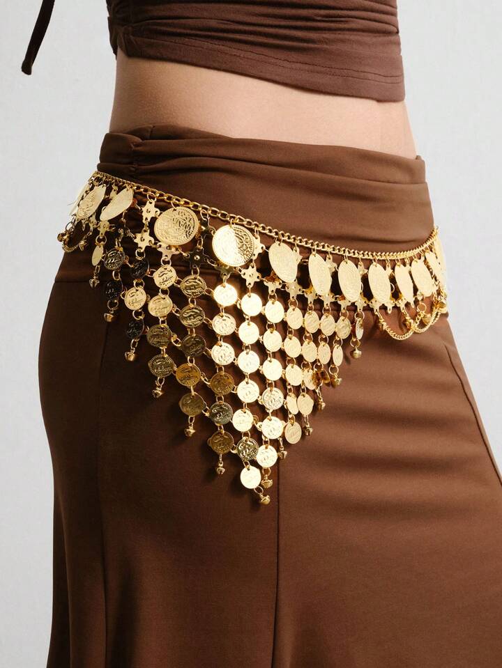 Fairycore 1pc Women Golden Coin Accessories With Bell Tassel Boho Chain Coin Decor Waist Skirt Dress Accessories, Versatile For Daily Wear