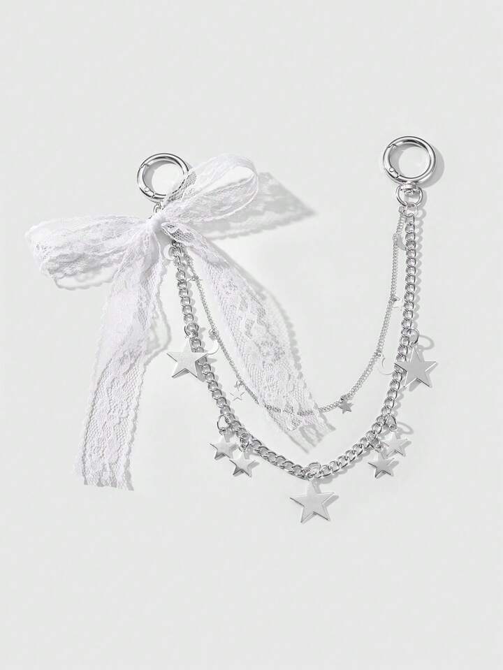 Kawaii 1pc INS Korean Minimalist Elegant Versatile High-Quality Silver Multi-Layer Chain Star Moon Pendant, White Lace Bow Charm, DIY Keychain Bag Decor, Suitable For Women, Daily Wear & Gift