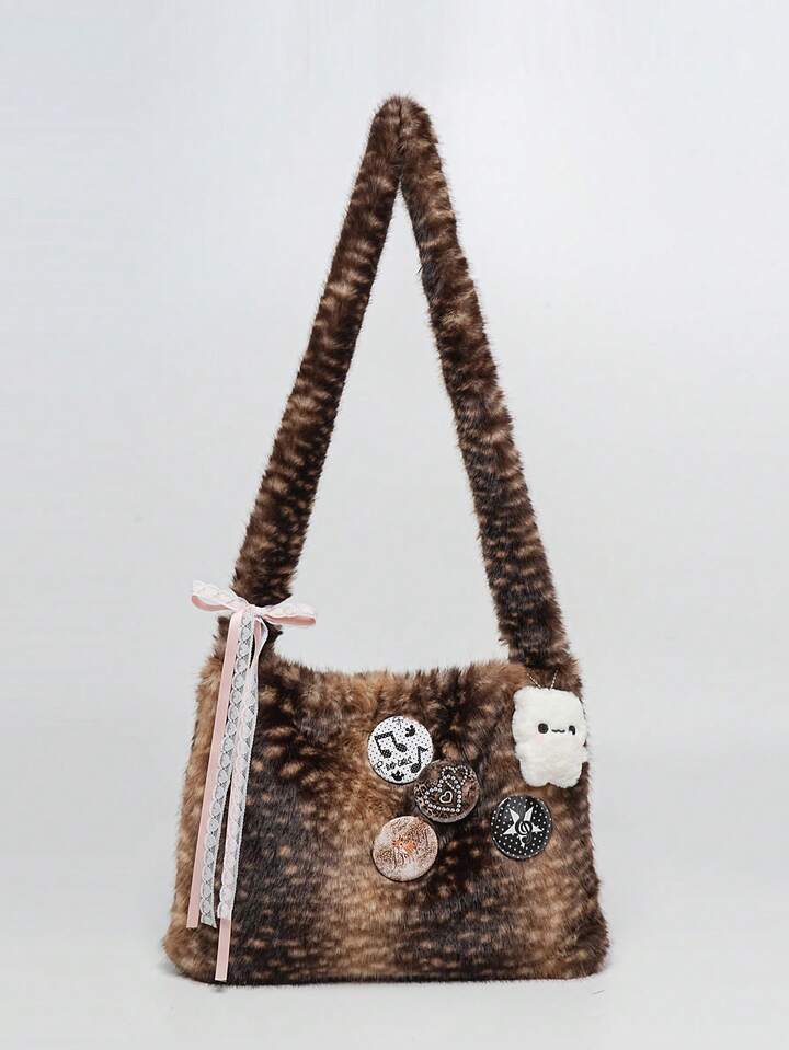 Kawaii Women's Leopard And Deer Print Y2K Retro Fashion Artificial Fur Long Hair Open Top Large Capacity Thickened Autumn/Winter Shoulder Crossbody Crescent Bag