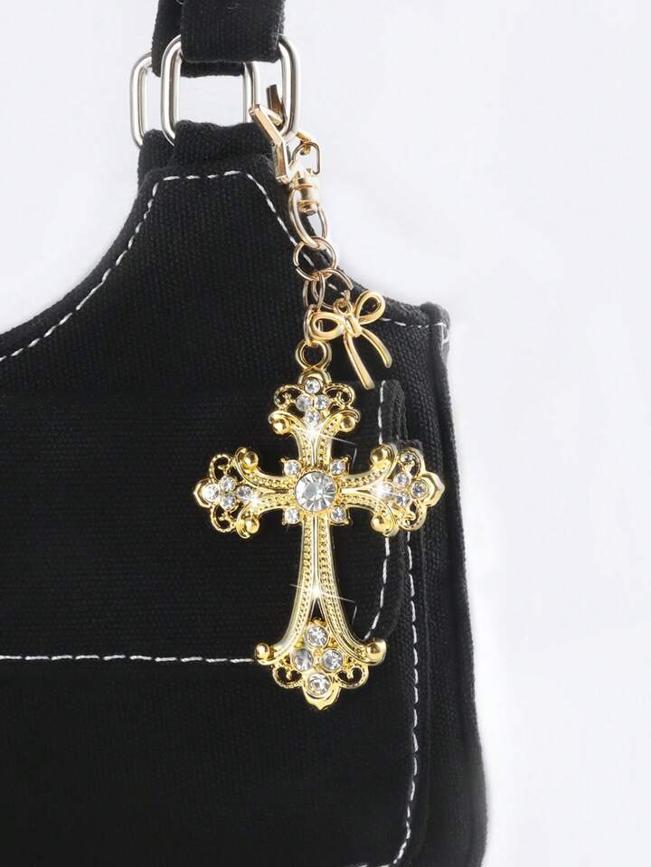 1pc Y2K Style Gold Gothic Cross Bag Charm Keychain, Valentine's Day Bag Decoration, Halloween
