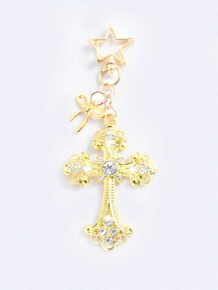 1pc Y2K Style Gold Gothic Cross Bag Charm Keychain, Valentine's Day Bag Decoration, Halloween