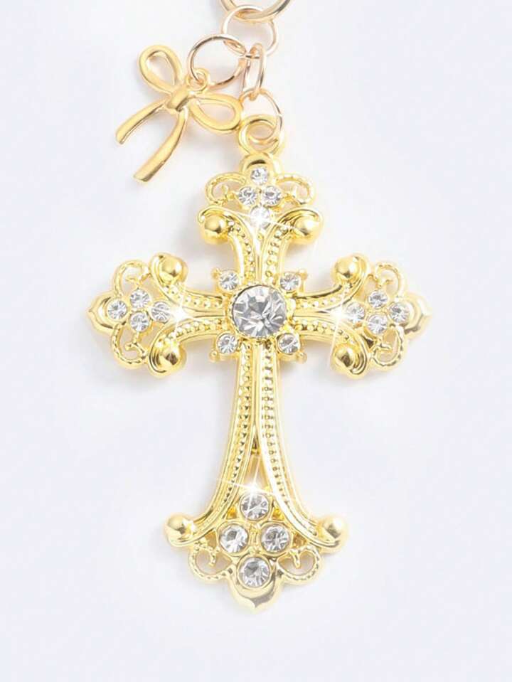 1pc Y2K Style Gold Gothic Cross Bag Charm Keychain, Valentine's Day Bag Decoration, Halloween
