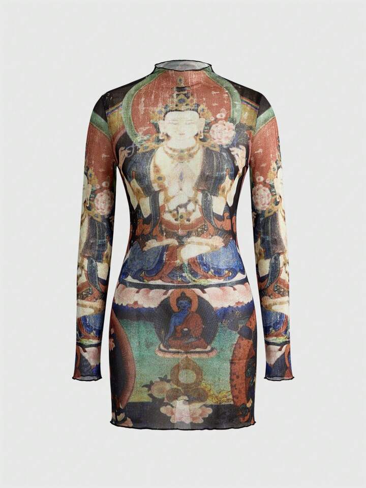 J-Fashion Vintage Religious Buddhist Print Semi-Sheer Mesh Women Short Dress