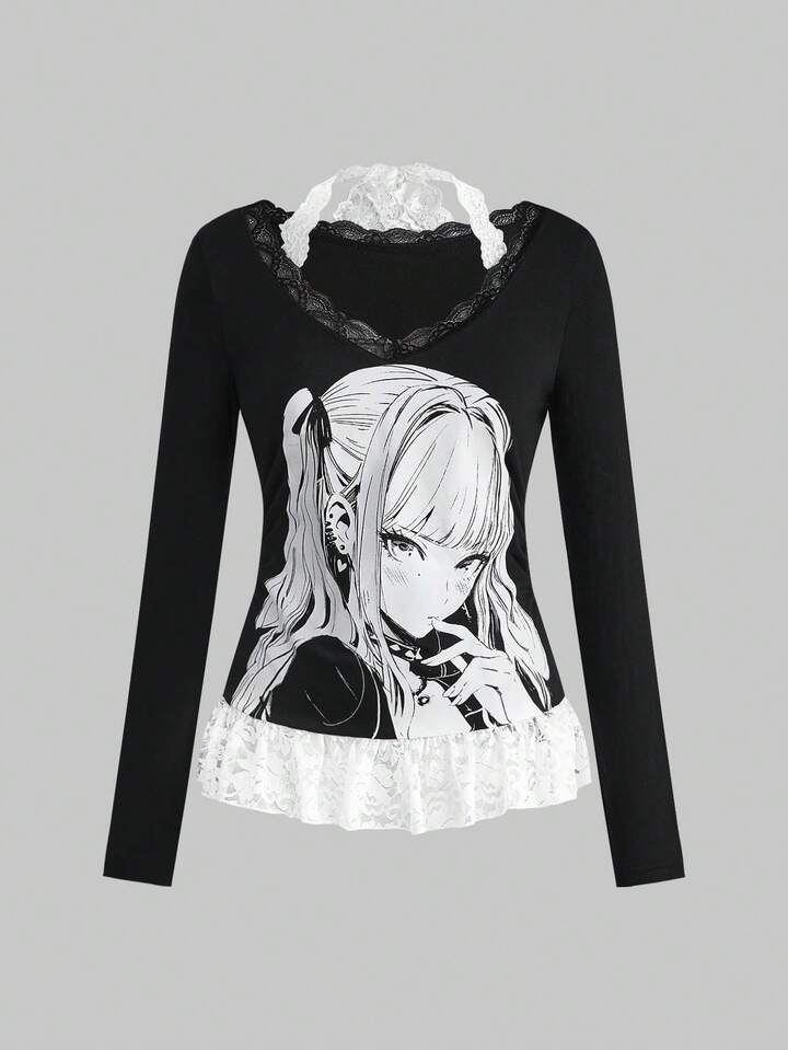 Anime Medical Theme Print Contrast Lace Long Sleeve 2 In 1 T-Shirt (Includes Lace Camisole And Lace Hem Patchwork)