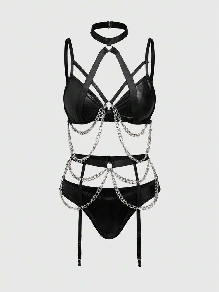 Gothic Punk Style Faux Leather Metal Chain Harness Bralette & Thong Lingerie Set