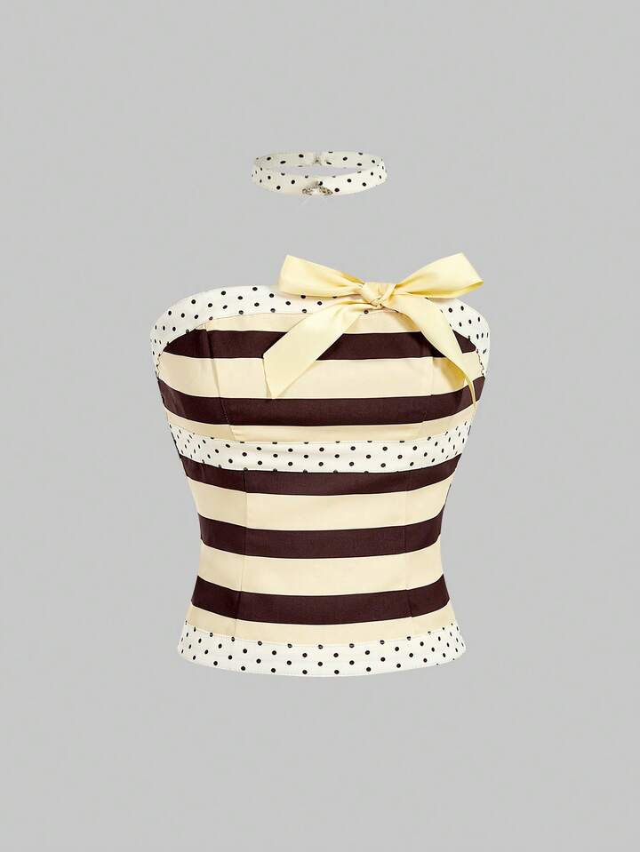 Kawaii Women's Bow Decor Striped Patchwork Fashion Bandeau Top