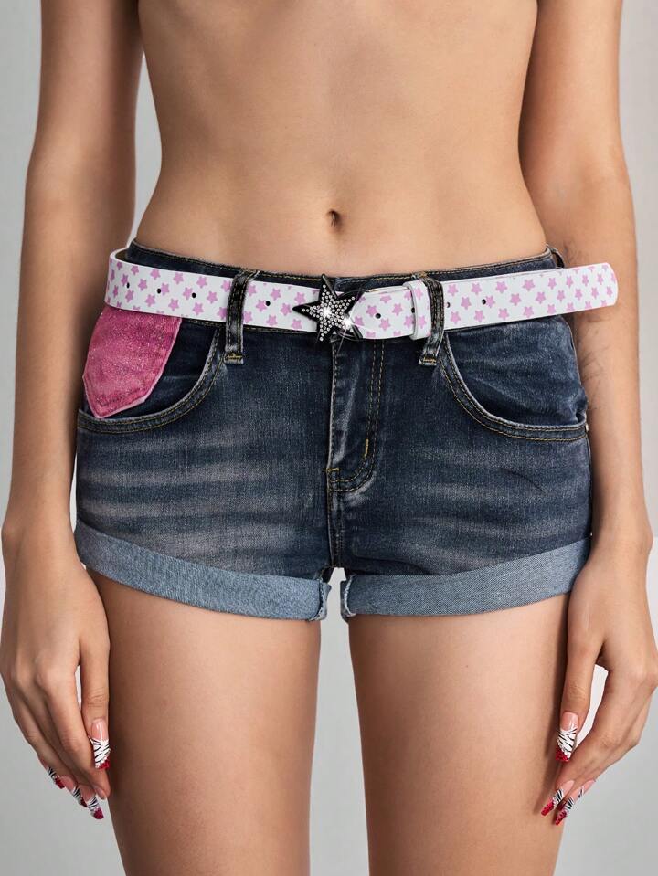 ROMWE Avant 1pc Punk Color Block Star Studded Belt, Y2K Style Rhinestone Star Buckle Leather Decorative Belt, Accessory