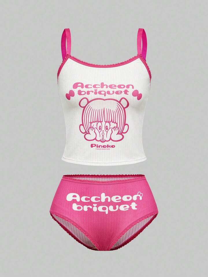 Black Jack X ROMWE Cute Cartoon And Letter Graphic Ringer Wireless Bra & Briefs Set For Women