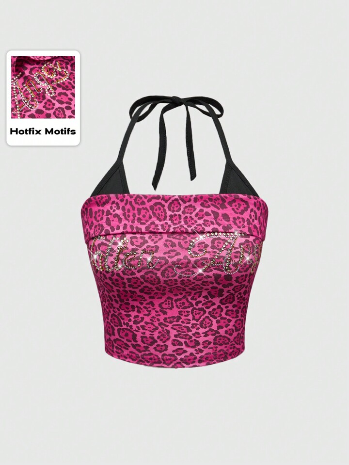 J-Fashion Women's Shibuya Hot Girl Aabi Fuchsia Leopard Print Slogan Rhinestone Detail Halter Tank Top