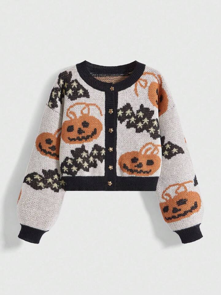 Fairycore Women's Vintage Pumpkin, Bat & Star Jacquard Knit Cardigan Sweater For Halloween