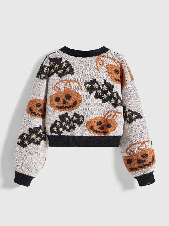 Fairycore Women's Vintage Pumpkin, Bat & Star Jacquard Knit Cardigan Sweater For Halloween 2 Fairycore Women's Vintage Pumpkin, Bat & Star Jacquard Knit Cardigan Sweater For Halloween
