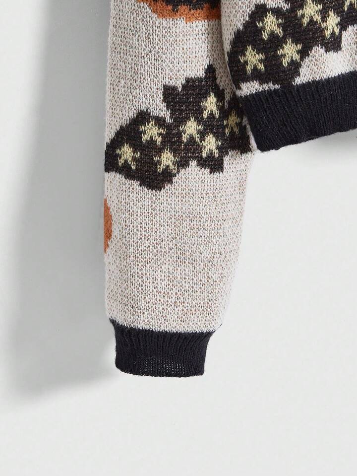 Fairycore Women's Vintage Pumpkin, Bat & Star Jacquard Knit Cardigan Sweater For Halloween 4 Fairycore Women's Vintage Pumpkin, Bat & Star Jacquard Knit Cardigan Sweater For Halloween