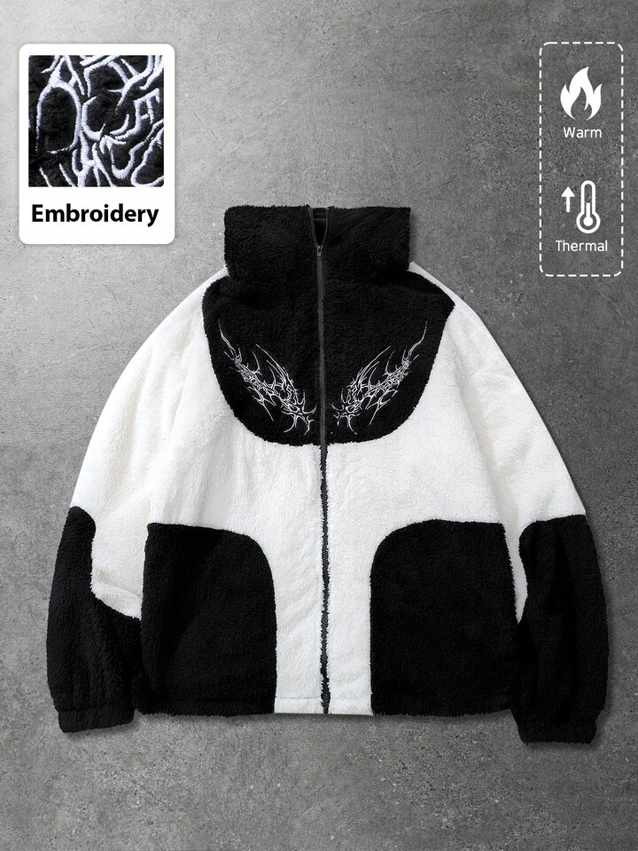 Men Gothic Patchwork Fluffy Embroidery Long Sleeve Hooded Jacket, Street Style, Autumn/Winter