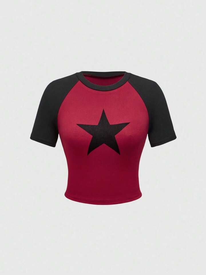 Grunge Punk Women's Casual Punk Star Print Color Block T-Shirt