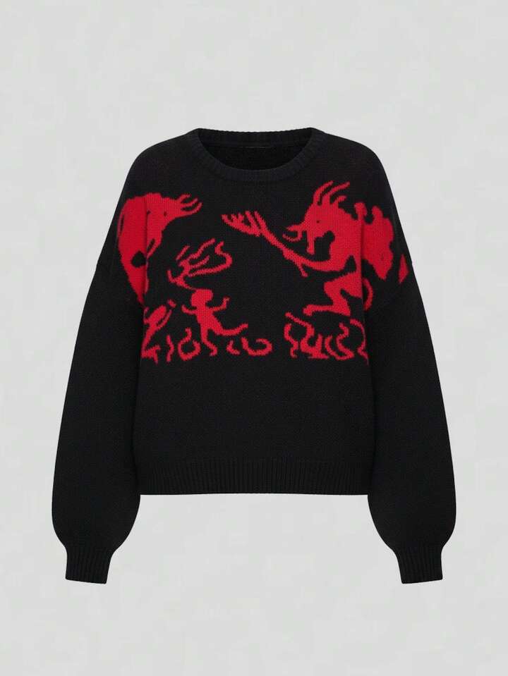 Goth Plus Size Dark Demon Graphic Loose Fit Knit Pullover Sweater, Autumn/Winter