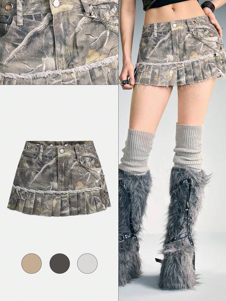 Grunge Punk Punk Withered Leaf Print Metal Grommet Chain Pendant Pleated Women Denim Mini Skirt