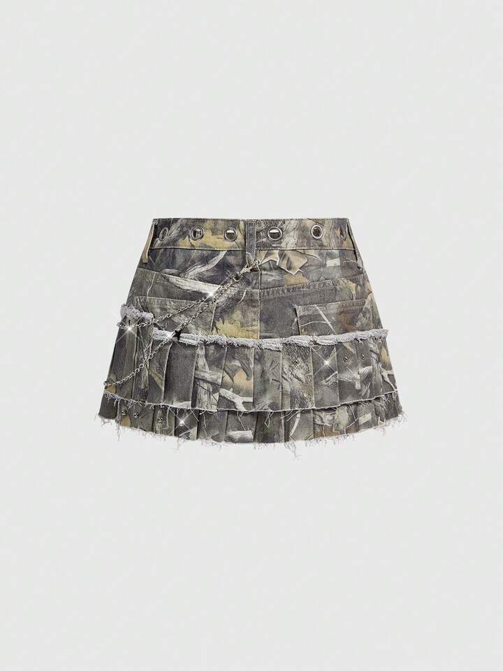 Grunge Punk Punk Withered Leaf Print Metal Grommet Chain Pendant Pleated Women Denim Mini Skirt 2 Grunge Punk Punk Withered Leaf Print Metal Grommet Chain Pendant Pleated Women Denim Mini Skirt