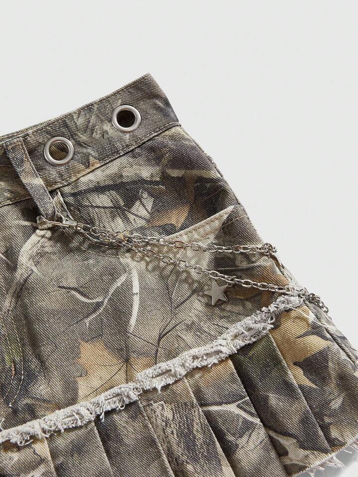 Grunge Punk Punk Withered Leaf Print Metal Grommet Chain Pendant Pleated Women Denim Mini Skirt 3 Grunge Punk Punk Withered Leaf Print Metal Grommet Chain Pendant Pleated Women Denim Mini Skirt