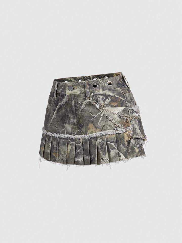 Grunge Punk Punk Withered Leaf Print Metal Grommet Chain Pendant Pleated Women Denim Mini Skirt 5 Grunge Punk Punk Withered Leaf Print Metal Grommet Chain Pendant Pleated Women Denim Mini Skirt