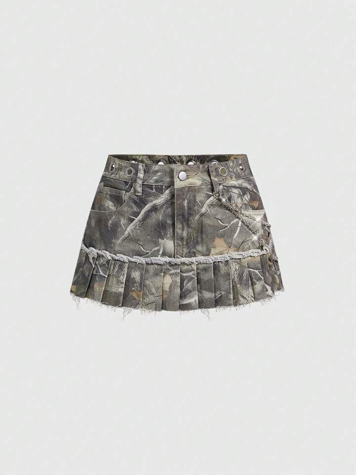 Grunge Punk Punk Withered Leaf Print Metal Grommet Chain Pendant Pleated Women Denim Mini Skirt 6 Grunge Punk Punk Withered Leaf Print Metal Grommet Chain Pendant Pleated Women Denim Mini Skirt