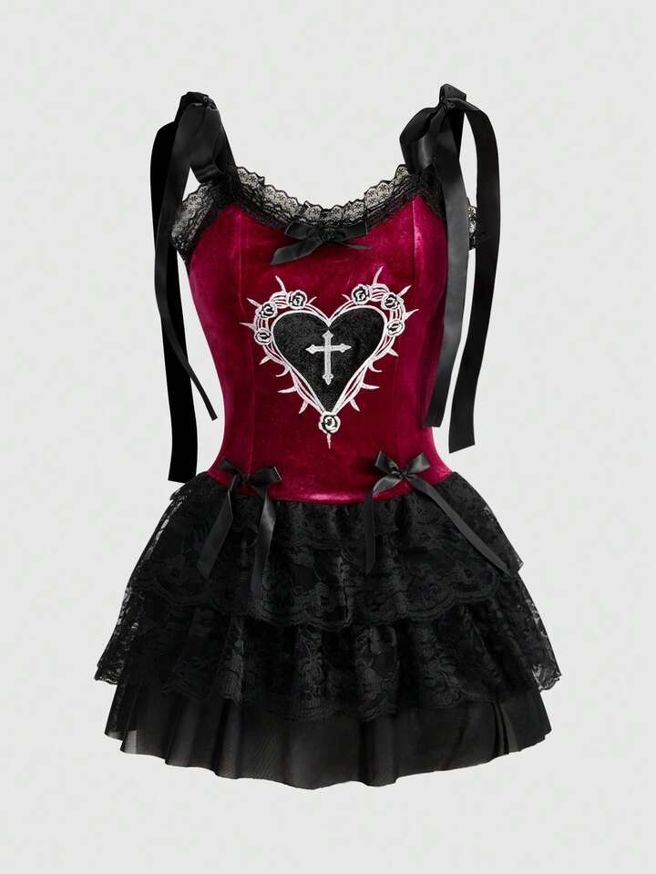 ROMWE Avant Gothic Retro Palace Style Contrast Color Lace Trim Heart Embroidery Women Velvet Camisole Tie Strap Dress