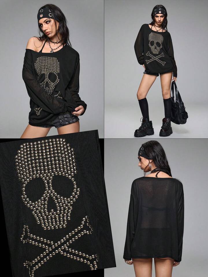 Grunge Punk Loose Fit Oversized Crew Neck Skull Rivet & Rhinestone Graphic Long Sleeve T-Shirt