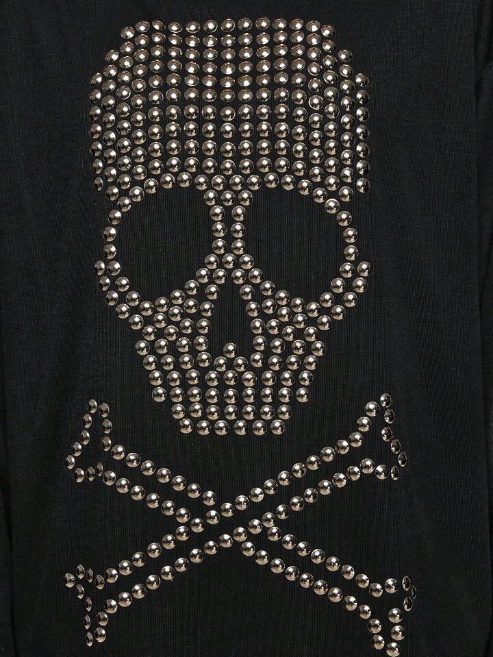 Grunge Punk Loose Fit Oversized Crew Neck Skull Rivet & Rhinestone Graphic Long Sleeve T-Shirt 3 Grunge Punk Loose Fit Oversized Crew Neck Skull Rivet & Rhinestone Graphic Long Sleeve T-Shirt