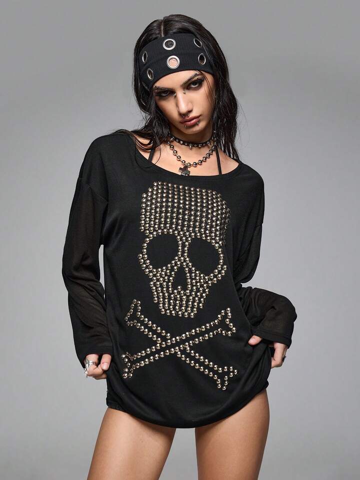 Grunge Punk Loose Fit Oversized Crew Neck Skull Rivet & Rhinestone Graphic Long Sleeve T-Shirt 4 Grunge Punk Loose Fit Oversized Crew Neck Skull Rivet & Rhinestone Graphic Long Sleeve T-Shirt