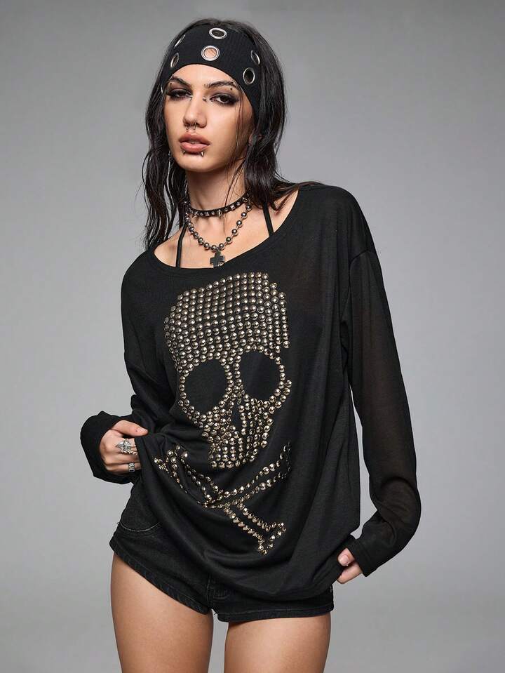Grunge Punk Loose Fit Oversized Crew Neck Skull Rivet & Rhinestone Graphic Long Sleeve T-Shirt 5 Grunge Punk Loose Fit Oversized Crew Neck Skull Rivet & Rhinestone Graphic Long Sleeve T-Shirt