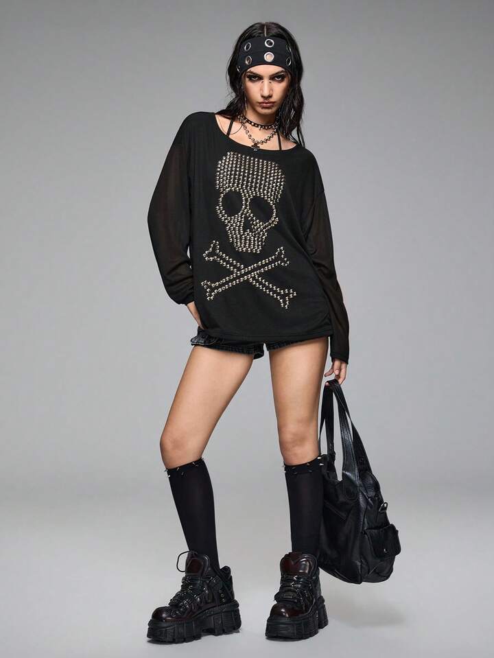 Grunge Punk Loose Fit Oversized Crew Neck Skull Rivet & Rhinestone Graphic Long Sleeve T-Shirt 6 Grunge Punk Loose Fit Oversized Crew Neck Skull Rivet & Rhinestone Graphic Long Sleeve T-Shirt