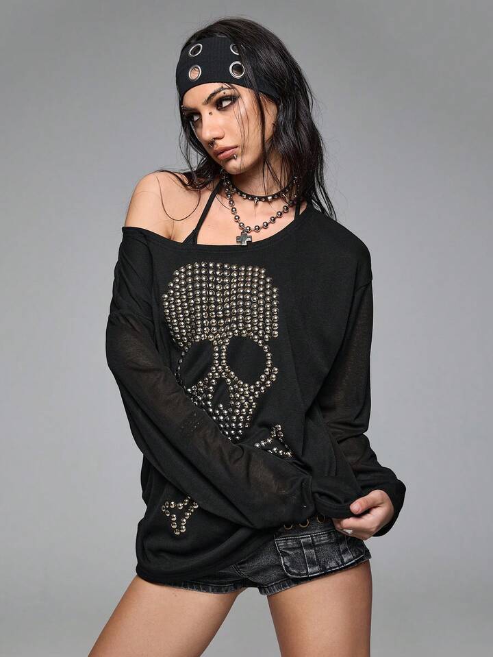 Grunge Punk Loose Fit Oversized Crew Neck Skull Rivet & Rhinestone Graphic Long Sleeve T-Shirt 7 Grunge Punk Loose Fit Oversized Crew Neck Skull Rivet & Rhinestone Graphic Long Sleeve T-Shirt