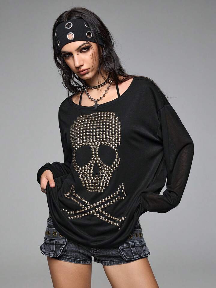 Grunge Punk Loose Fit Oversized Crew Neck Skull Rivet & Rhinestone Graphic Long Sleeve T-Shirt 8 Grunge Punk Loose Fit Oversized Crew Neck Skull Rivet & Rhinestone Graphic Long Sleeve T-Shirt