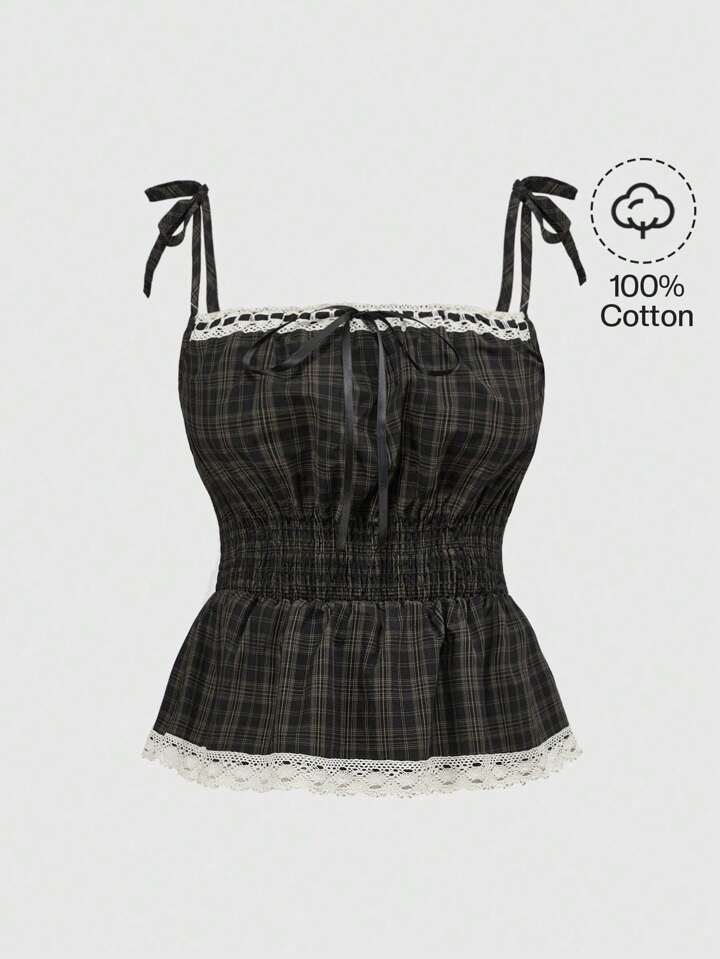 Cute Girls' Casual Collegiate Contrast Lace Trim Camisole